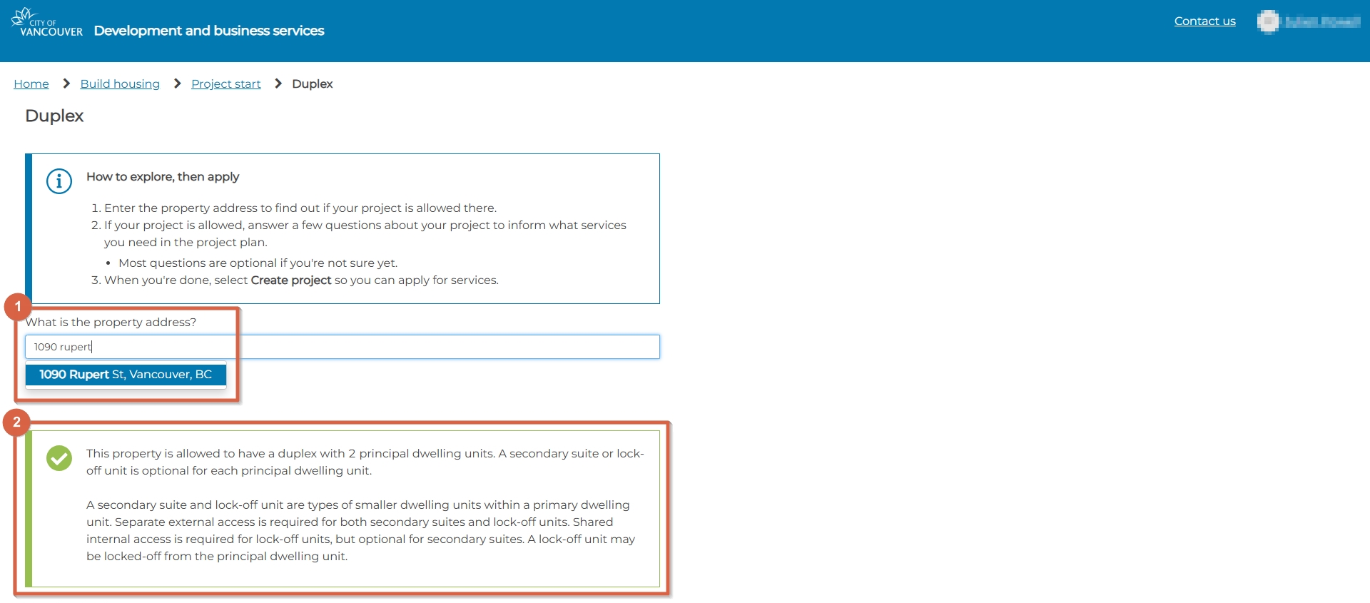 Project exploration form with address search and message about if the project type is allowed