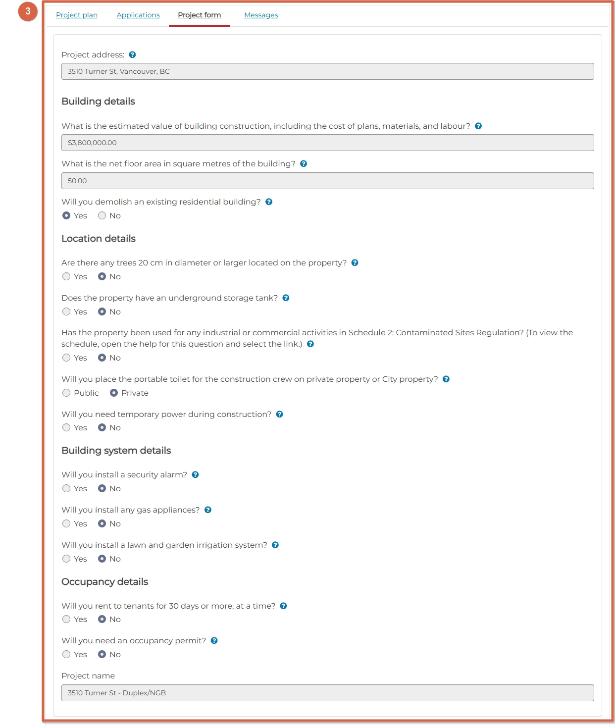 Project form tab where you can update answers that inform required permits and licences for your project