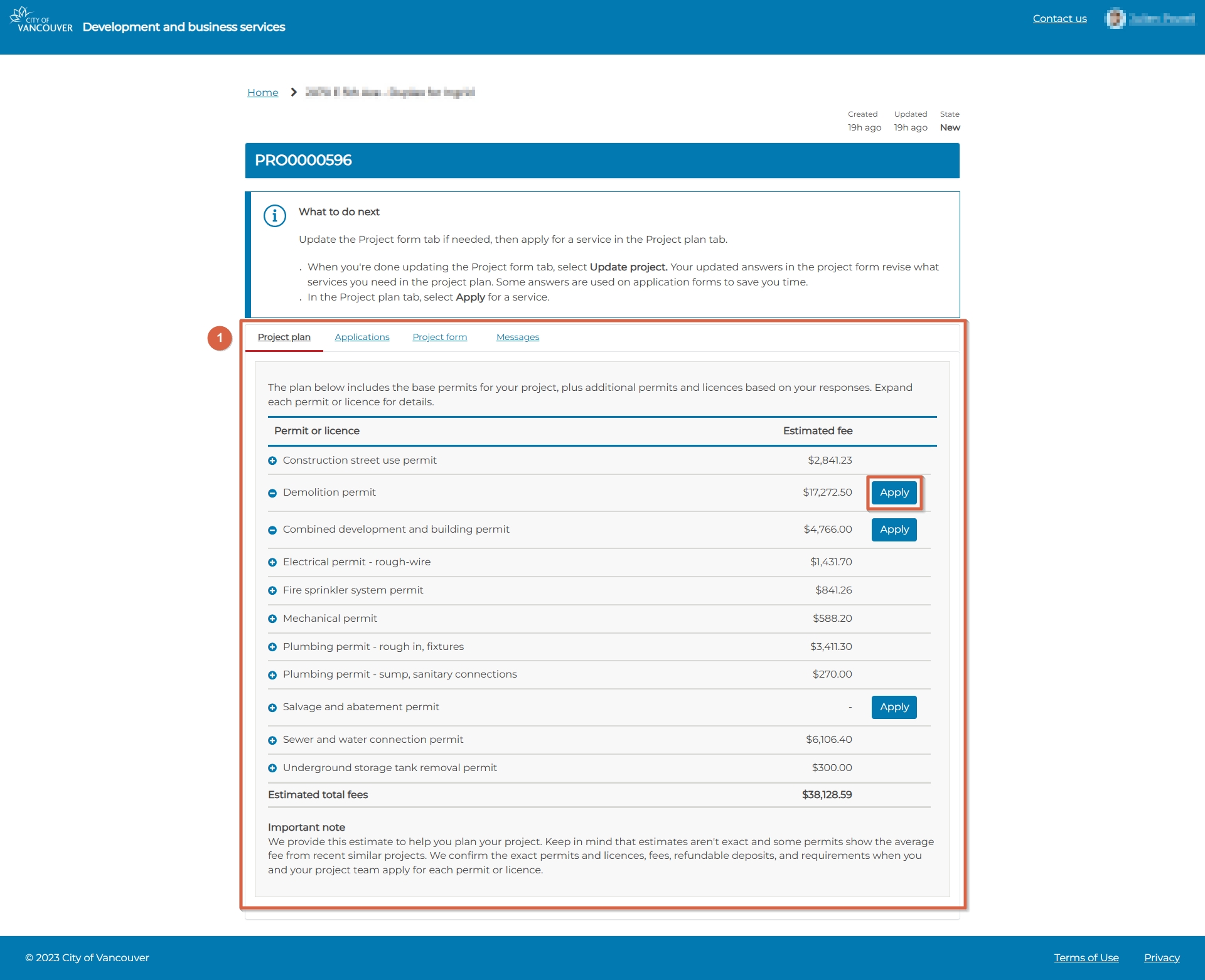 Project plan tab with apply buttons for available permits and licences