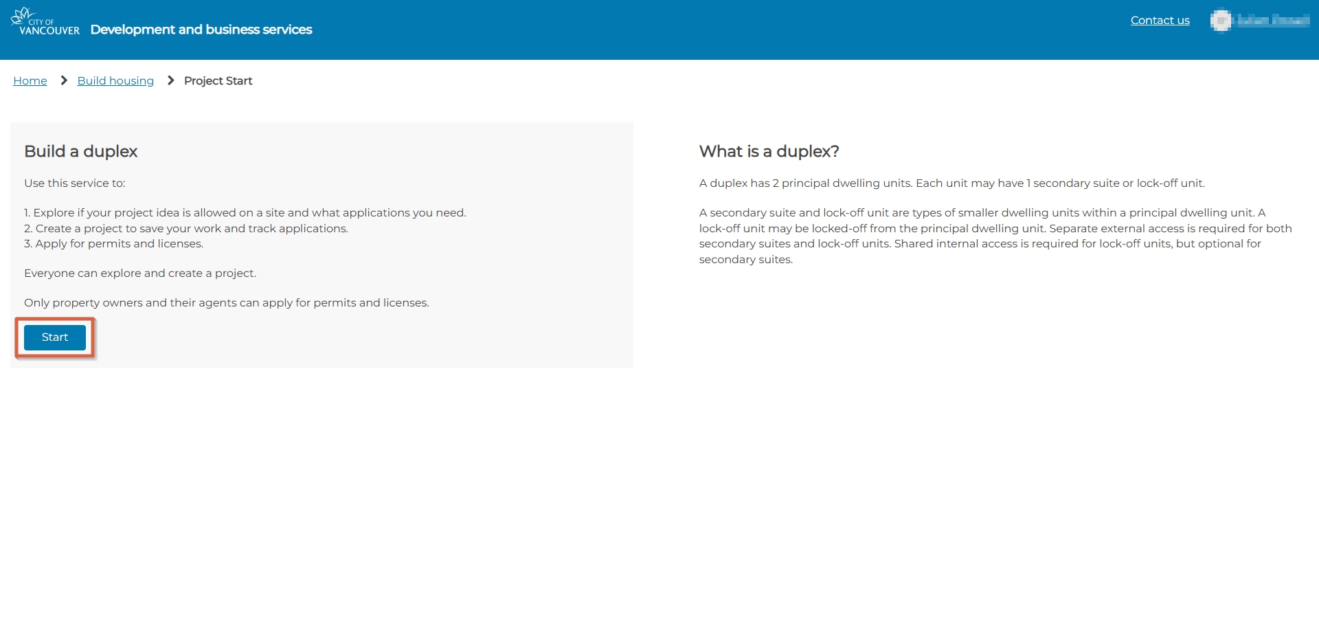 Project start page
