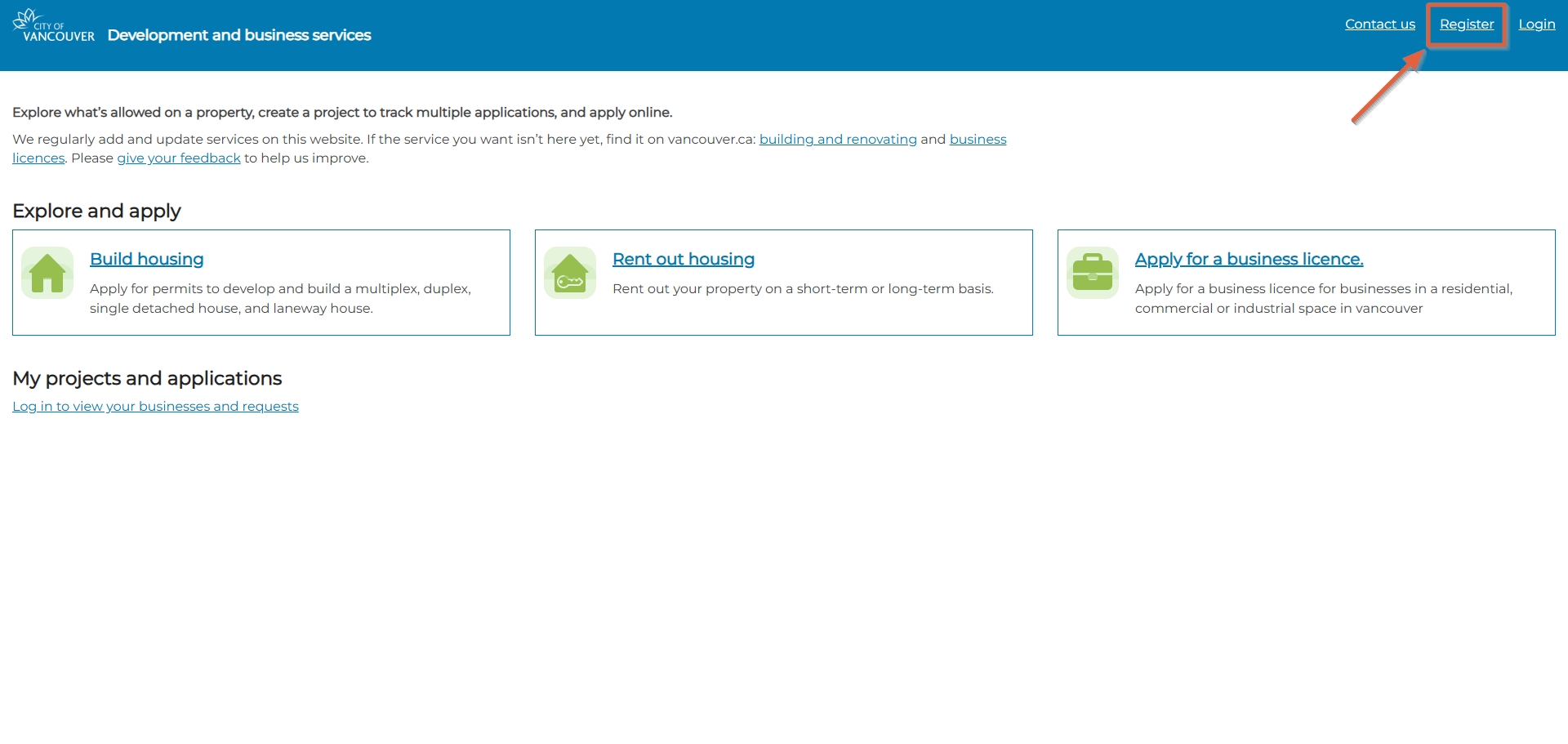 Register link in header of Development and Business Services website