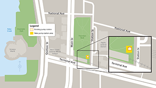 Map of Dunbar Pump Station area showing location of existing and new pump station