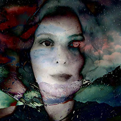 Portrait of a woman blended with a mountainous landscape and dark, stormy sky, creating a dreamlike, layered effect.