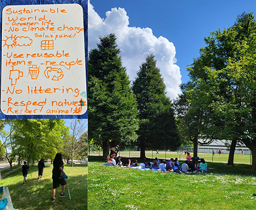 Students gathered outdoors in a Vancouver park during a climate education workshop, with trees, grass, and a learning group seated on blankets.