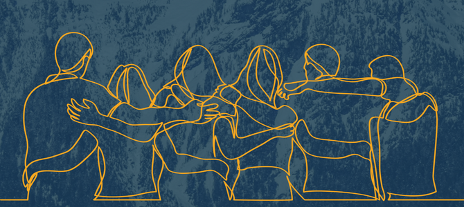 Illustration of an outline of people sitting together with arms around shoulders and backs