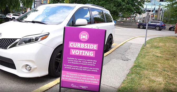 Vehicle parked in front of curbside voting sign