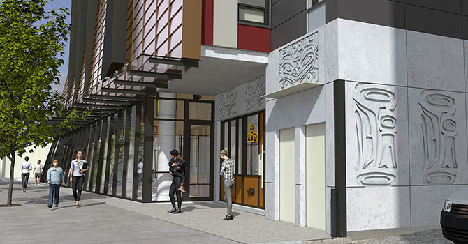 Rendering of the housing entrance for 320 E Hastings