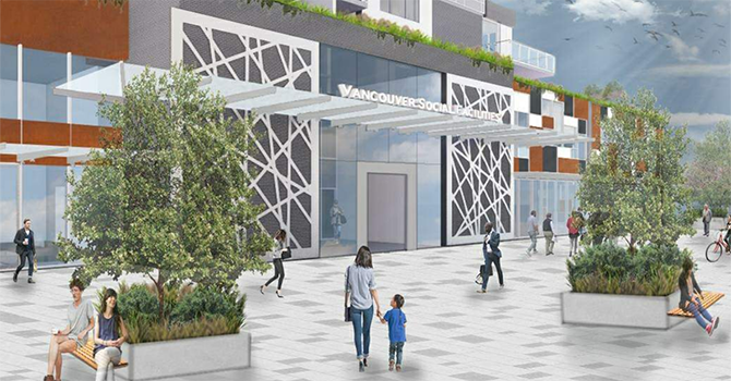 Rendering of the adult day centre facility co-located with a neighbourhood house (levels 1 and 2) at 4133 Yew Street