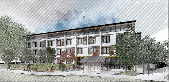 An artist's rendering of a temporary modular housing building An artist's rendering of a temporary modular housing building