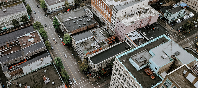 Aerial view of several buildings downtown