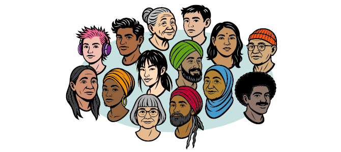 Illustrated group of diverse people representing different ages, genders, and cultural backgrounds.