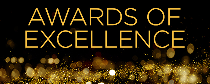 Awards of Excellence in gold text against a black background