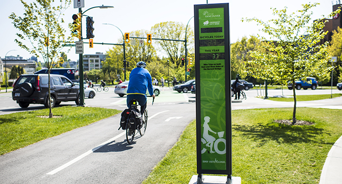 Bicycle counter on Burrard Bridge Bike lande.