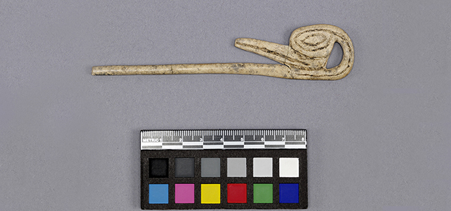 Blanket pin depicting a smə́q̓ʷaʔ (heron) found at c̓əsnaʔəm. Image courtesy of Laboratory of Archaeology at UBC. Blanket pin depicting a smə́q̓ʷaʔ (heron) found at c̓əsnaʔəm. Image courtesy of Laboratory of Archaeology at UBC.