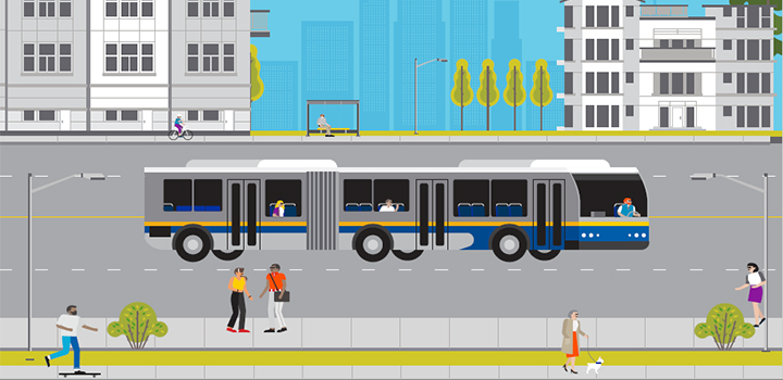 rendering of a bus on the street with people and buildings