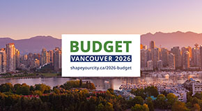 Budget Vancouver 2026 title with Vancouver's Downtown in the background