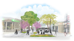 Rendering of the Cambie and 18th Avenue plaza with blooming trees, seating areas, people walking and sitting, and nearby storefronts.