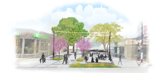 Rendering of the Cambie and 18th Avenue plaza with blooming trees, seating areas, people walking and sitting, and nearby storefronts. Rendering of the Cambie and 18th Avenue plaza with blooming trees, seating areas, people walking and sitting, and nearby storefronts.
