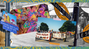 Collage of a parade, old market, sign about South Asian Canadians