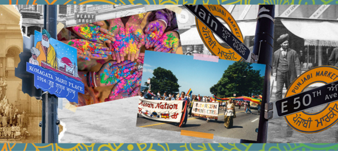 Collage of a parade, old market, sign about South Asian Canadians Collage of a parade, old market, sign about South Asian Canadians