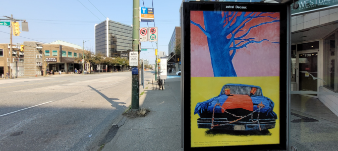 Chain and Go Justice by Marcus Bowcott displayed on a transit shelter 