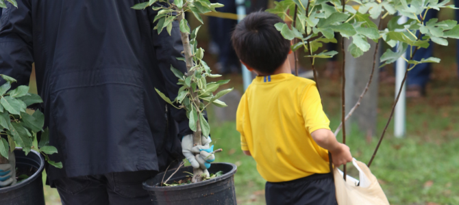 A child carries a potted plant beside an adult