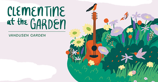 Clementine at the Garden flyer featuring an animated drawing of a guitar in a floral garden.