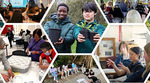 Collage of community climate action grant activities, including people planting trees, attending workshops, collaborating in groups, and engaging in educational and hands-on projects.