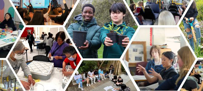 Collage of community climate action grant activities, including people planting trees, attending workshops, collaborating in groups, and engaging in educational and hands-on projects.