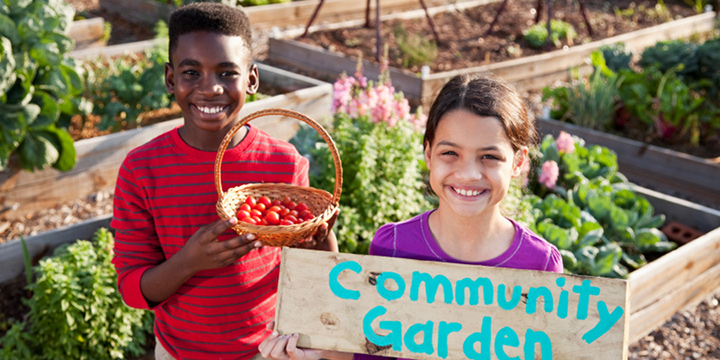 Two children in a community garden.