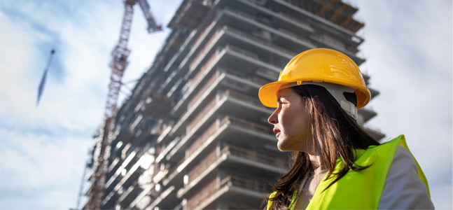 Construction worker in front of highrise