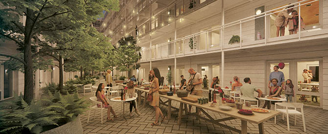 Courtyard of an apartment complex with people gathering