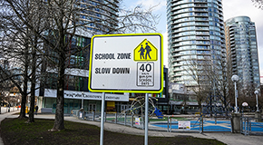 A school zone sign outside Crosstown Elementary