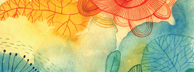 Colourful abstract illustration with overlapping organic shapes and patterns