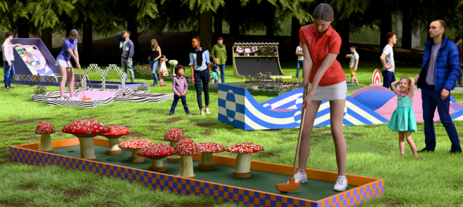 Digital image of people playing mini golf