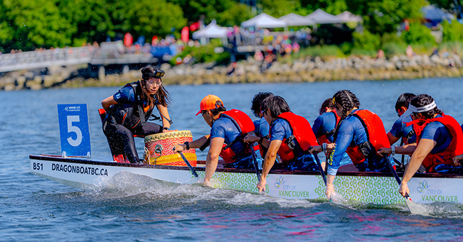 A dragon boat team racing on the water