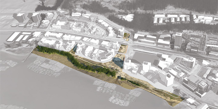 Aerial view of East Fraser Lands, highlighting the eight acres of parks currently being designed and built