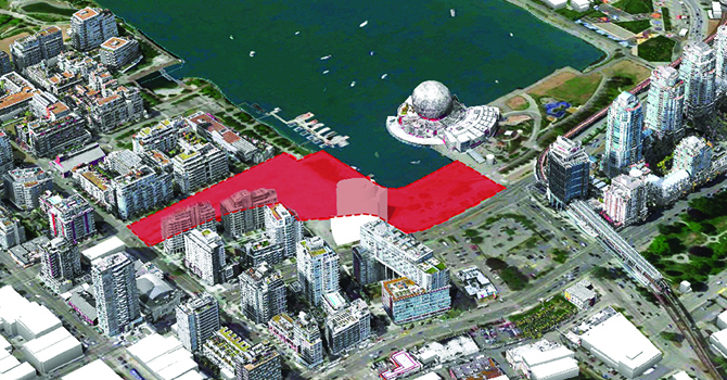 Aerial view of False Creek and Olympic Village with the project area marked in red.