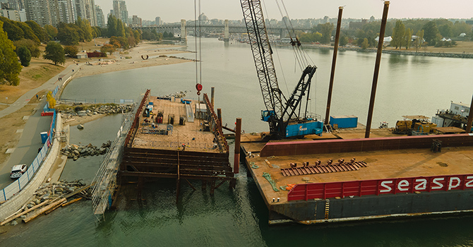 An aerial photo of the barge stranded near Sunset Beach