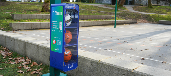 A Equip-sport locker with sports equipment in it