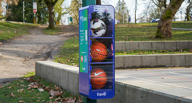 A Equip-sport locker with sports equipment in it 