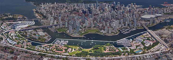 Aerial view of False Creek South and Downtown