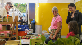 Farmers market shopper and vendors