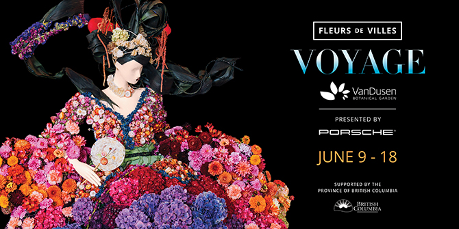 Promotional poster for Fleurs de Villes Voyage at VanDusen Botanical Garden