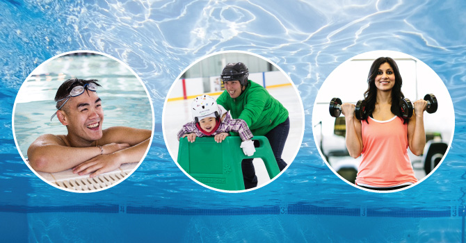 Three circular images showing a man resting at a pool, an adult helping a child skate, and a woman lifting dumbbells in a gym.
