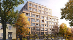 Rendering of a modern mid-rise residential building on a tree-lined street.