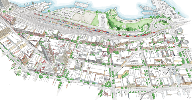 Illustrated bird’s-eye view of Gastown, showing streets, buildings, green spaces, and the nearby waterfront and rail tracks. Illustrated bird’s-eye view of Gastown, showing streets, buildings, green spaces, and the nearby waterfront and rail tracks.