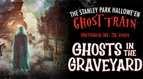 Promotional poster for the Stanley Park Hallowe'en Ghost Train featuring a ghostly figure in front of a steam train in a misty graveyard.