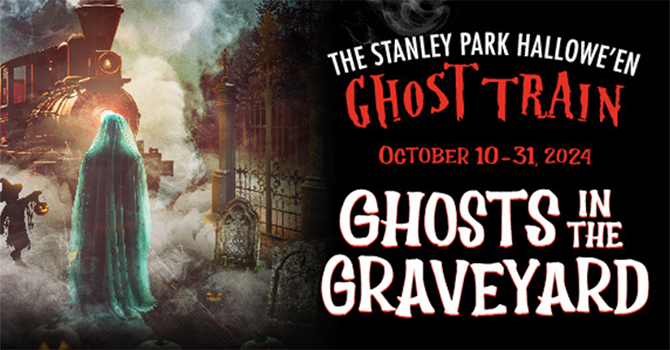 Promotional poster for the Stanley Park Hallowe'en Ghost Train featuring a ghostly figure in front of a steam train in a misty graveyard.