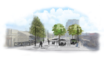 Rendering of a permanent plaza at Granville Street and West 14th Avenue with patio seating, umbrellas, trees, pedestrians, and nearby storefronts.